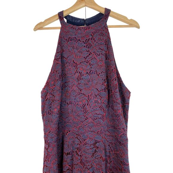 Modcloth Women's 18 Blue Red Floral Lace Overlay Night Like This Halter Dress - Picture 1 of 8